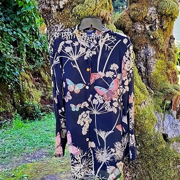 Citron Ladies Large Silk Spandex Sheer Mandarin Collar Black Butterfly Blouse - Picture 1 of 9